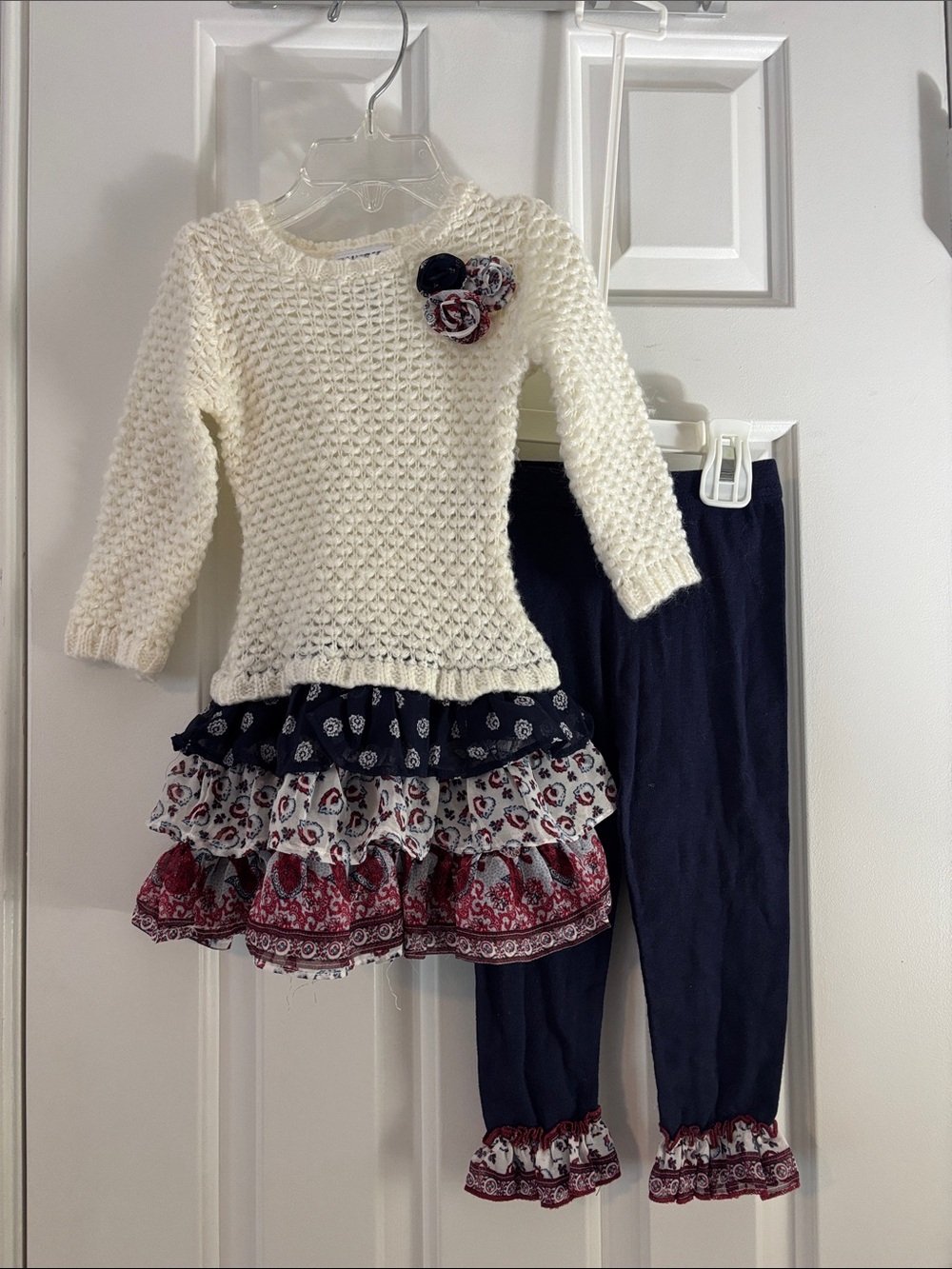 Blueberi Boulevard Cream Knit Sweater Tunic with Navy & Red Paisley Ruffles